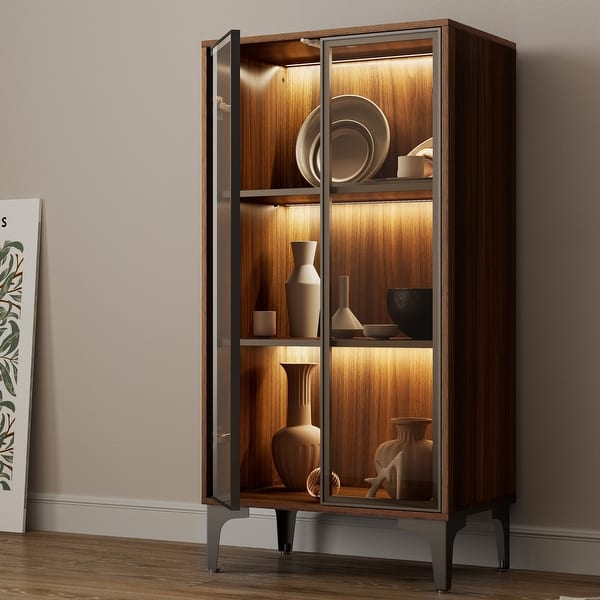 23" Farmhouse Double Glass Door Solid Wood Display Cabinet with LED Light & Ajustable Shelves