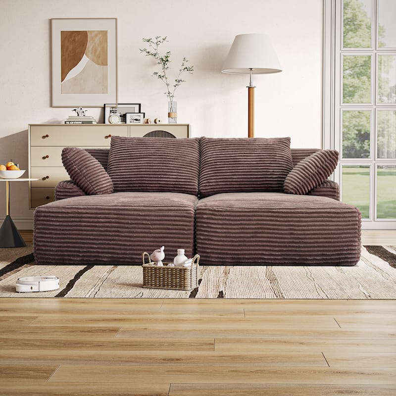 Fluffy Double Chaise Lounge Set Plush Corduroy Sleeper Sofa Bed