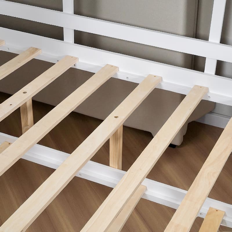 Wooden Twin/Full Size House Bed with Trundle, Storage Shelf & Roof Design - Kids Modern Playhouse Bed Frame