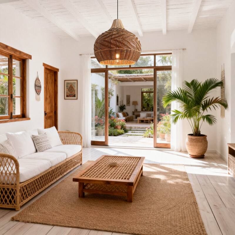 18.9" Farmhouse Natural Caged Handwoven Rattan Pendant Light - 18.9" D x 18.9" W x 62.99" H