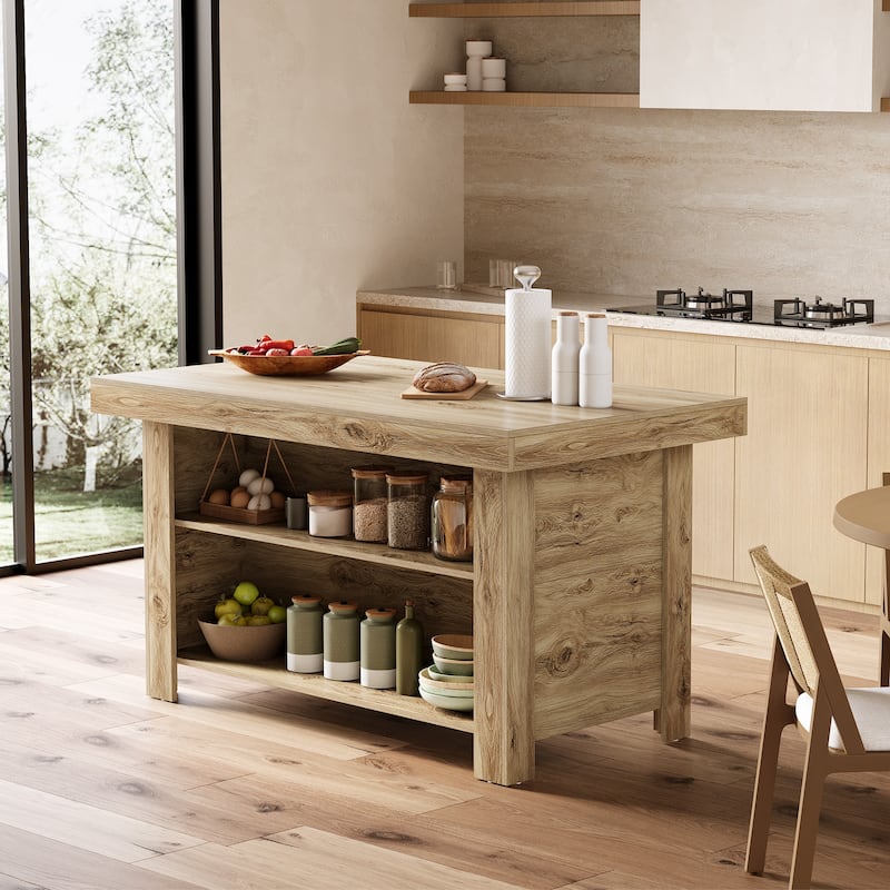 55" Kitchen Island with Storage, Farmhouse Counter Height Bar Table - Natural