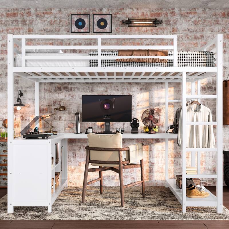 Metal Loft Bed with Wardrobe and L-shaped Desk, Full Size Loft Bed with Storage Cubes and Shelves