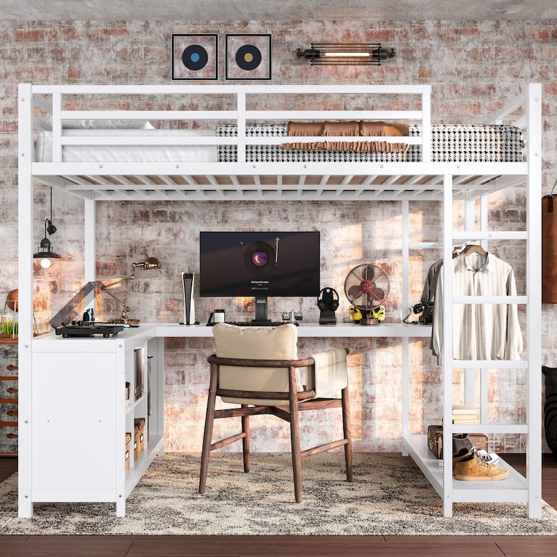 Queen/Full Size Loft Bed with Wardrobe & L-Shaped Desk, Storage Shelves & Cubes for Kids, Teens, Adults