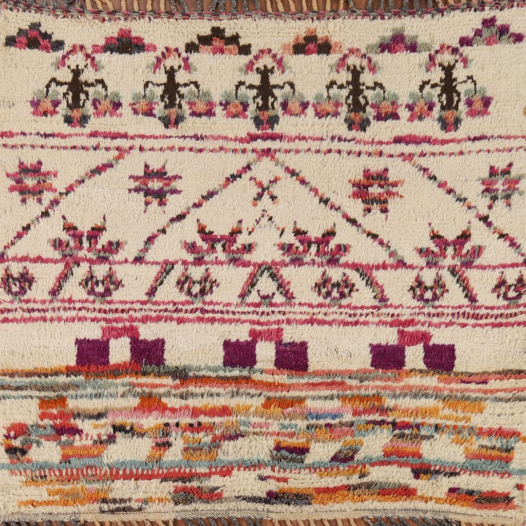 Plush Ivory Moroccan Square Rug Handmade Wool Carpet - 5'5" x 5'11"