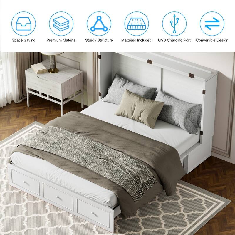 Mixoy Murphy Bed with Foldable Mattress,Modern Cube Cabinet Bed with Storage Drawer & USB Charging Station