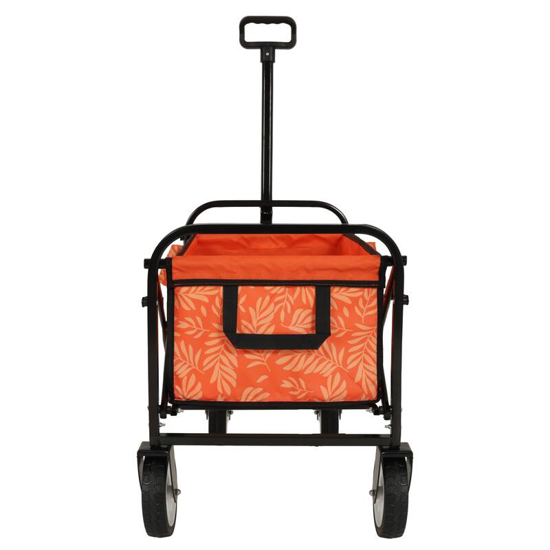 Patterned Collapsible Utility Wagon - Orange Leaf Design with Storage Straps, 225lb Capacity