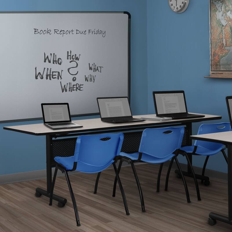 84" x 24" Flip Top Mobile Training Table with Modesty Panel- Maple and 3 "M" Stack Chairs- Blue
