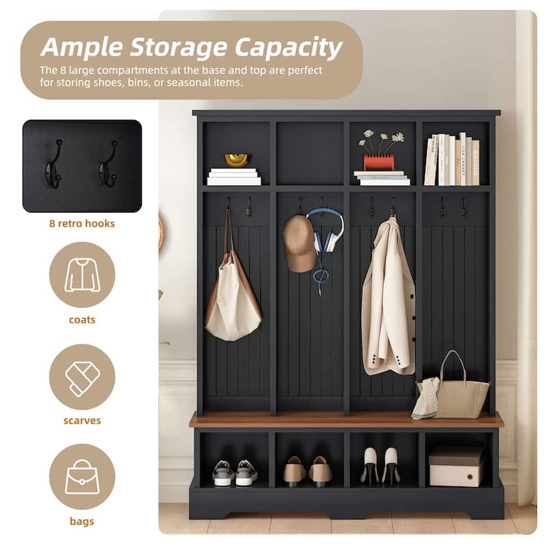 Farmhouse Hall Tree with 8 Hooks 8 Compartments Wooden Bench for Entryway