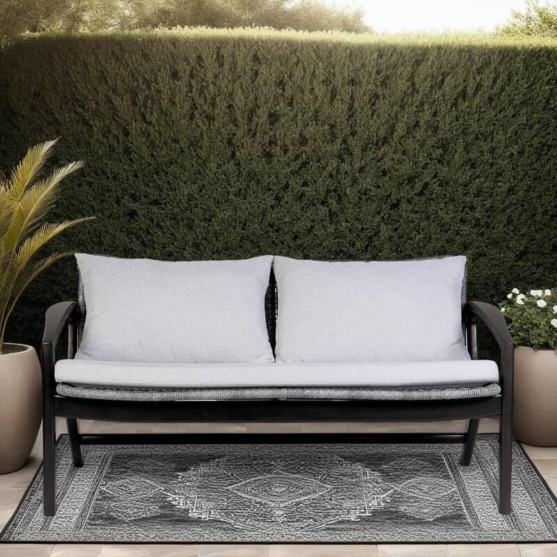Beckham Boho Gray Rope and Eucalyptus Wood 58" Outdoor Sofa with Cushions - White