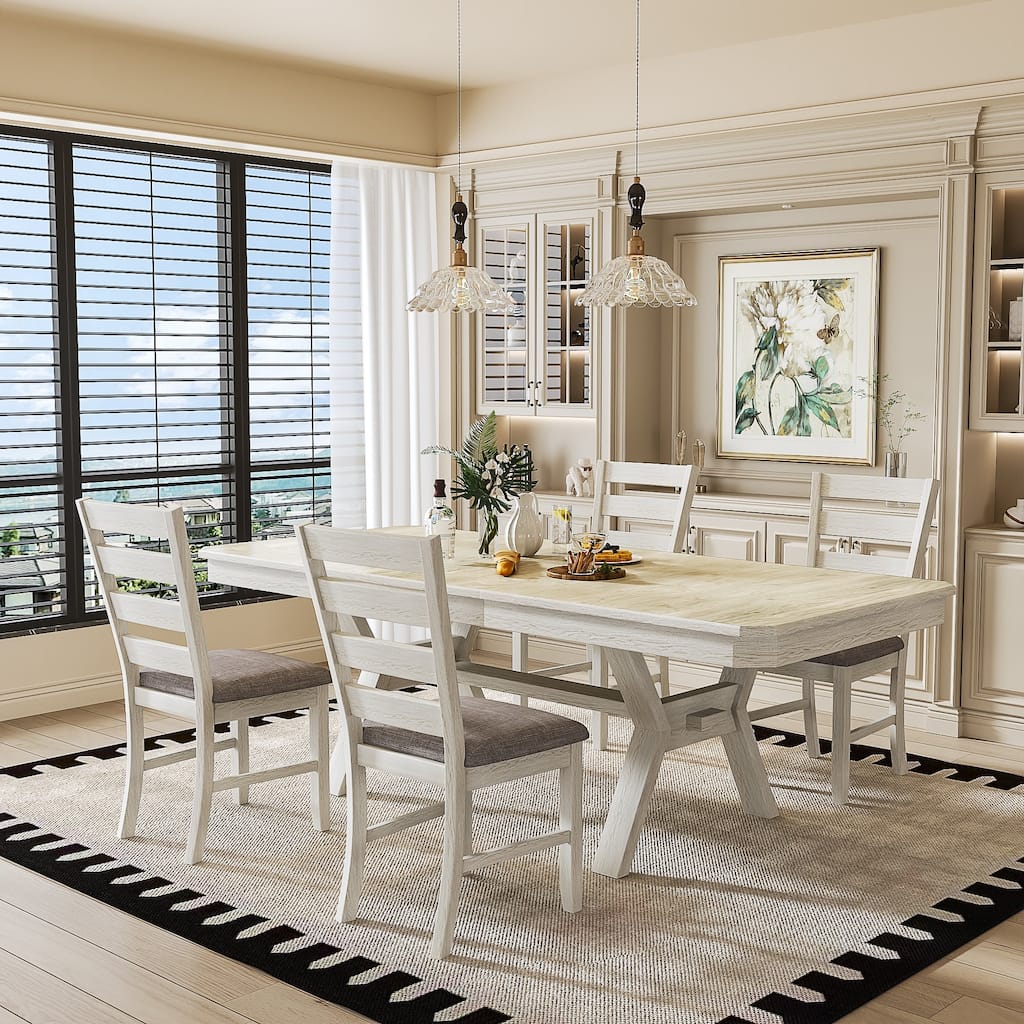 VECELO Dining Table and Chairs Set for 4-6 Persons Extendable Kitchen Dining Room Table Set