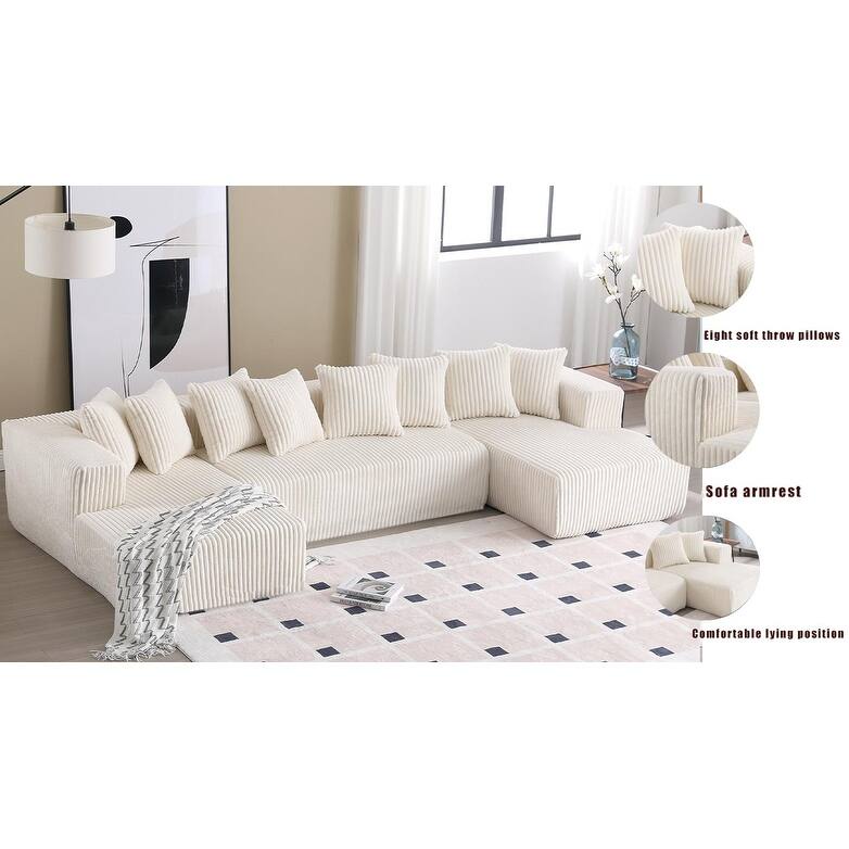 131" Modular U-shaped Sectional Couch, 4 Seater, Striped Corduroy, Ancient White