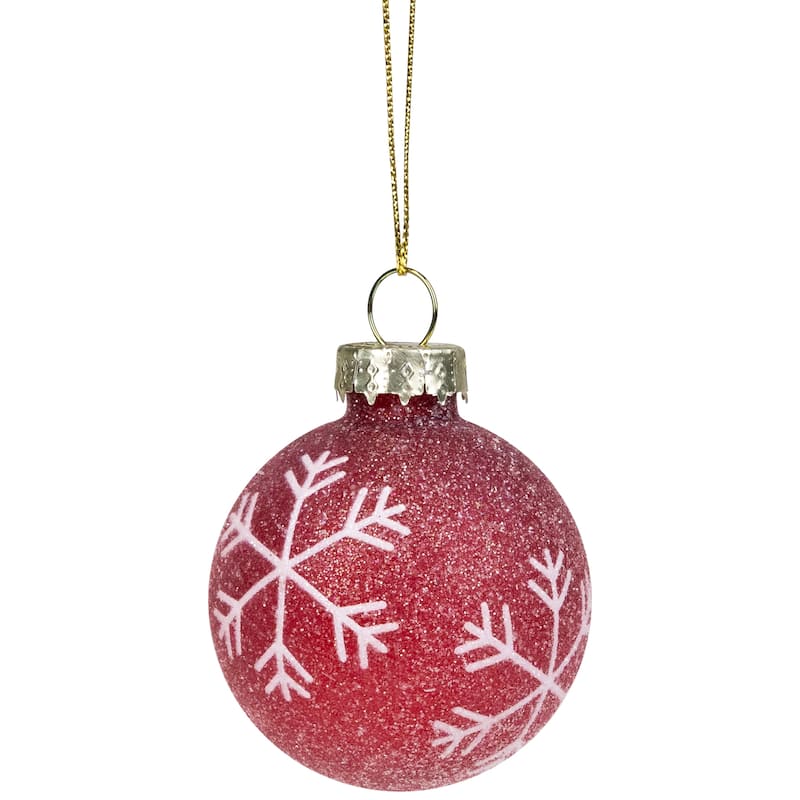 Snowflakes and Striped Glittered Glass Christmas Ornaments - 1.75-Inch (45mm) - Red - 12ct