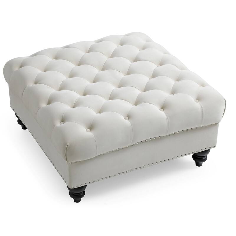 Nailhead Tufted Velvet Ottoman - 35" - Beige