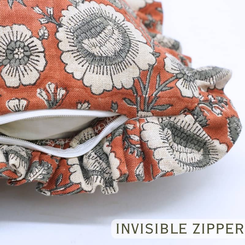 Fabdivine Handmade Block Print Floral Frill Both Side Soft Boho Pure Linen Pillow Cover