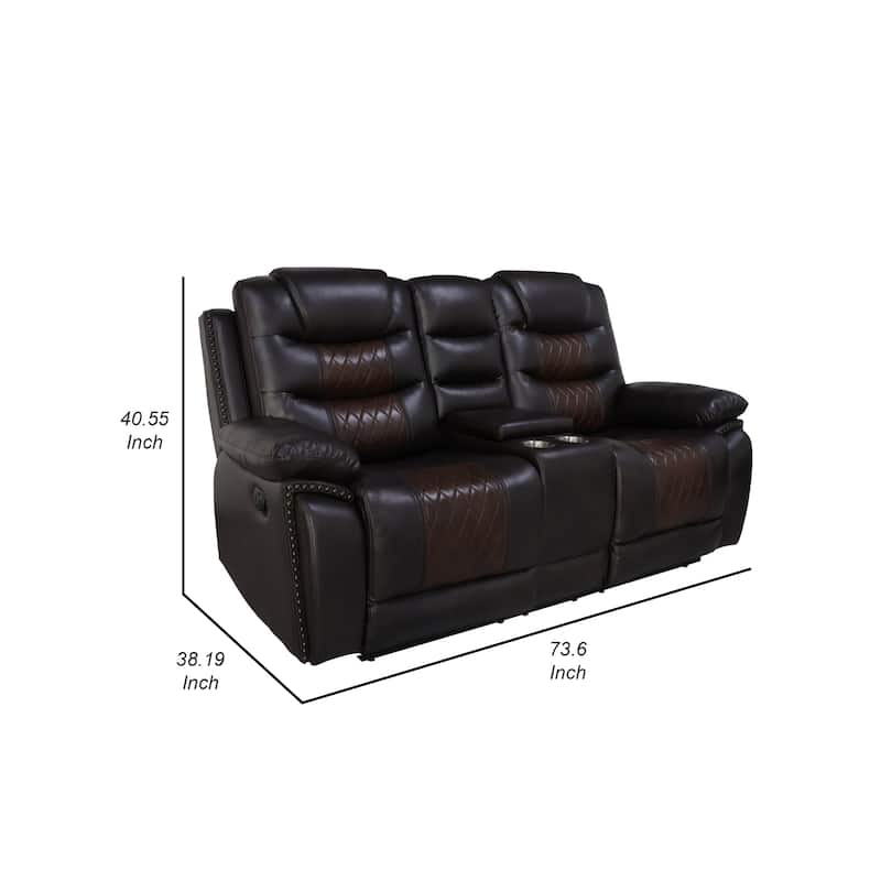 Asher 74 Inch Loveseat with Power Recliners, Console, Brown Faux Leather