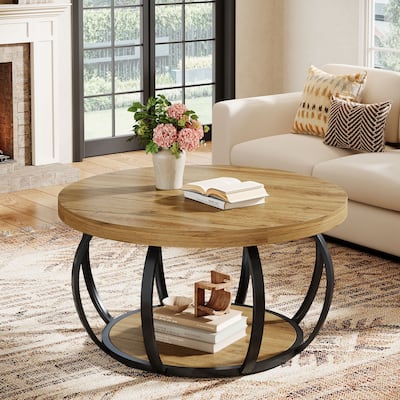 Round Coffee Table with 2-Tier Storage Shelves and Metal Frame