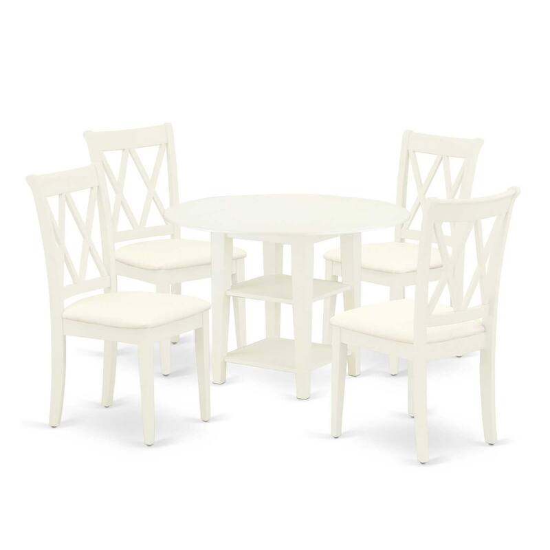 HomeStock 5-Pc Linen White Finish Solid Wood Top-Round Dining Room Set with Dropleaf-Seats 4