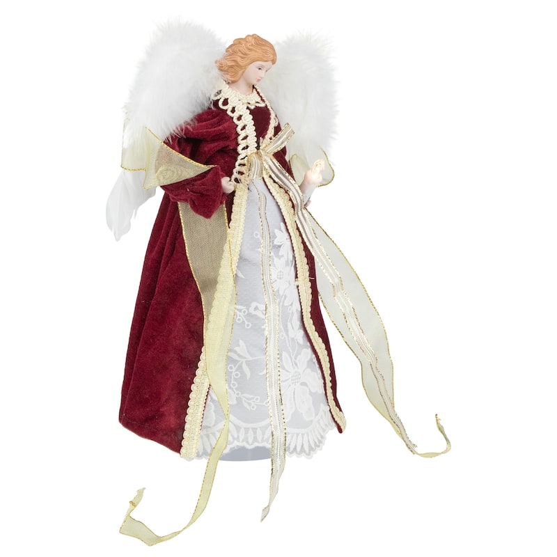 Angel with Lighted Candle Christmas Tree Topper - 14" - Burgundy and White