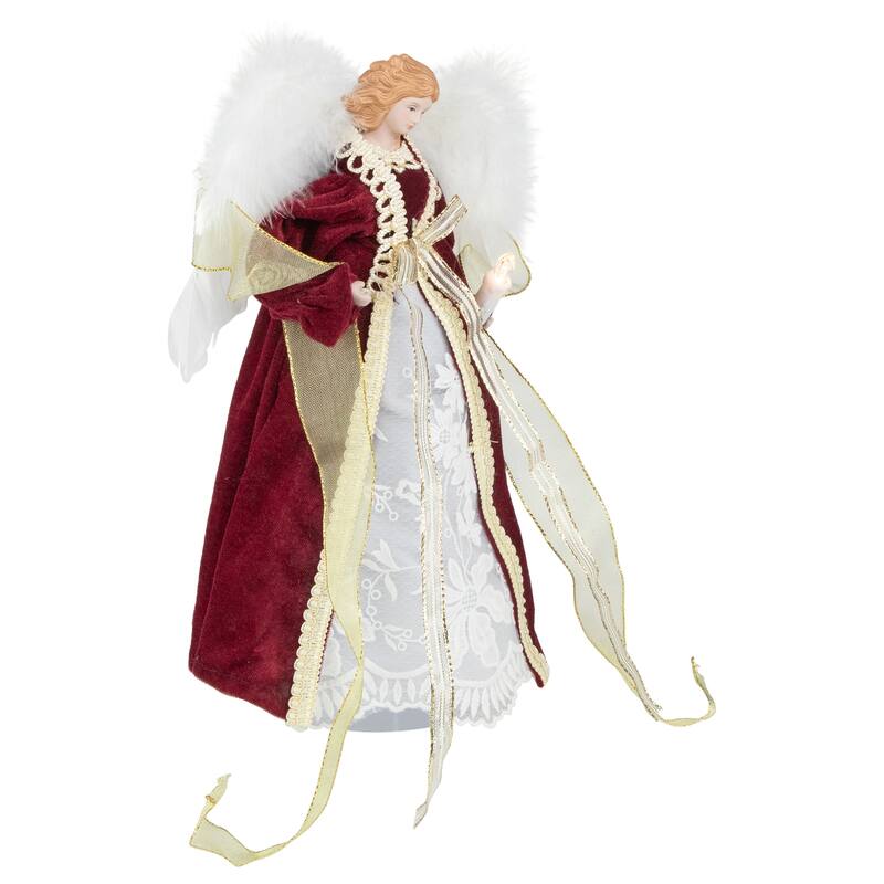14" Burgundy and White Angel with Lighted Candle Christmas Tree Topper - 14