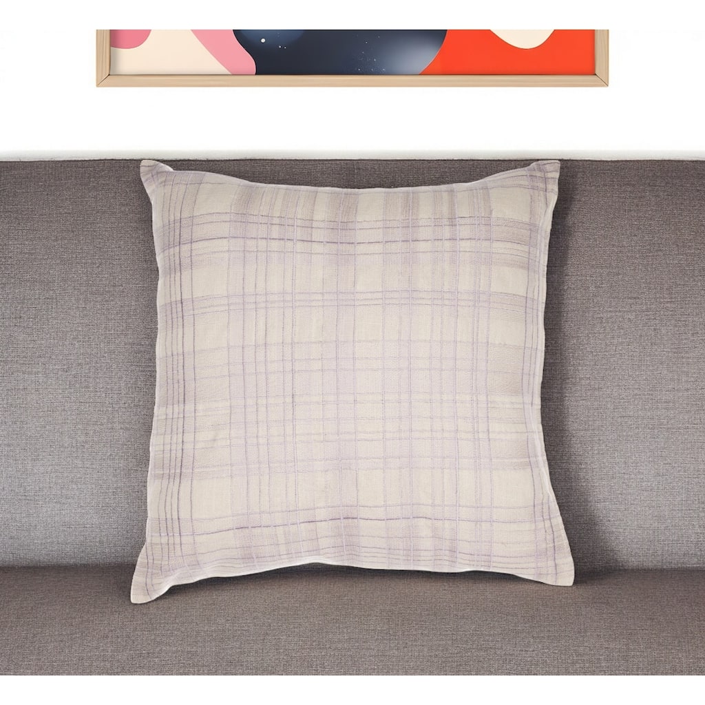 HomeRoots 20" Ivory Check Cotton Blend Throw Pillow With Embroidery