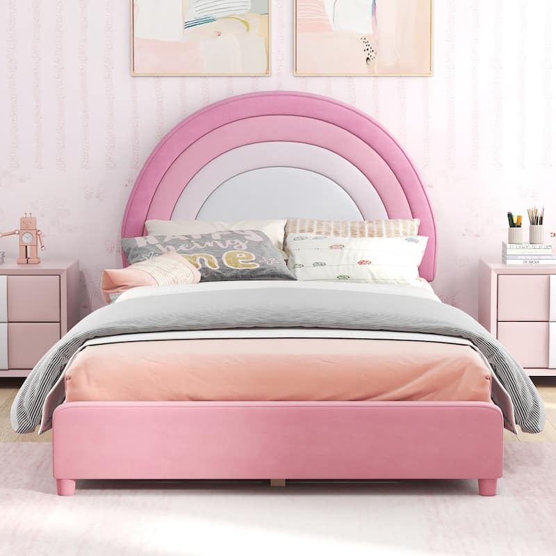 Gymax Kids Twin Platform Bed Frame Upholstered Twin Size Bed w/ Wooden