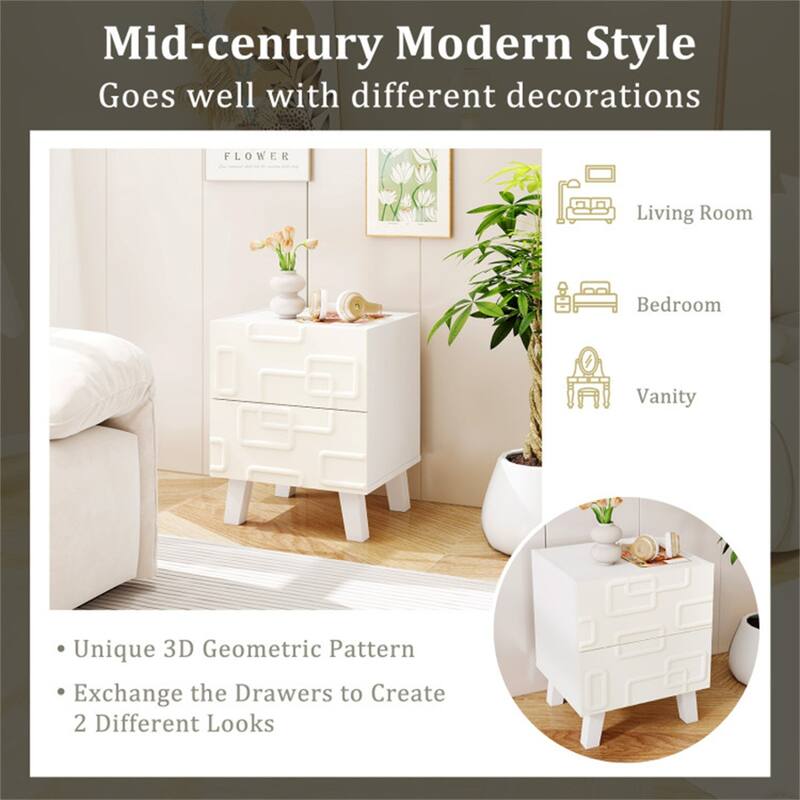 White Engineered Wood Nightstand with 2 Drawers and 3D Geometric Design