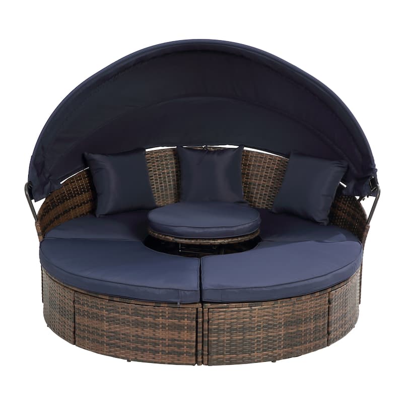 Beige Outdoor Daybed with Adjustable Canopy & Convertible Design