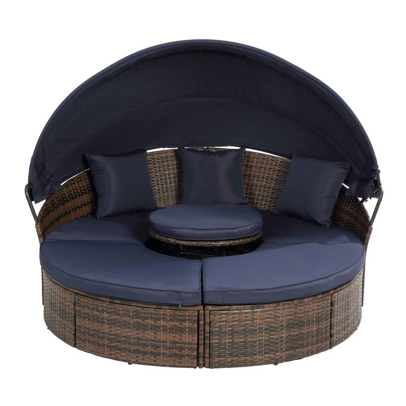 Round Outdoor Rattan Daybed with Adjustable Canopy, with Navy Cushions and Lift Coffee Table