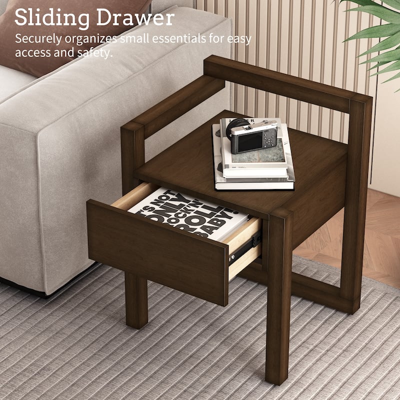 Modern End Table Set of 2, Square 2-Tier Nightstand with Storage Drawer, Side Table with Wood Legs for Living Room, Bedroom