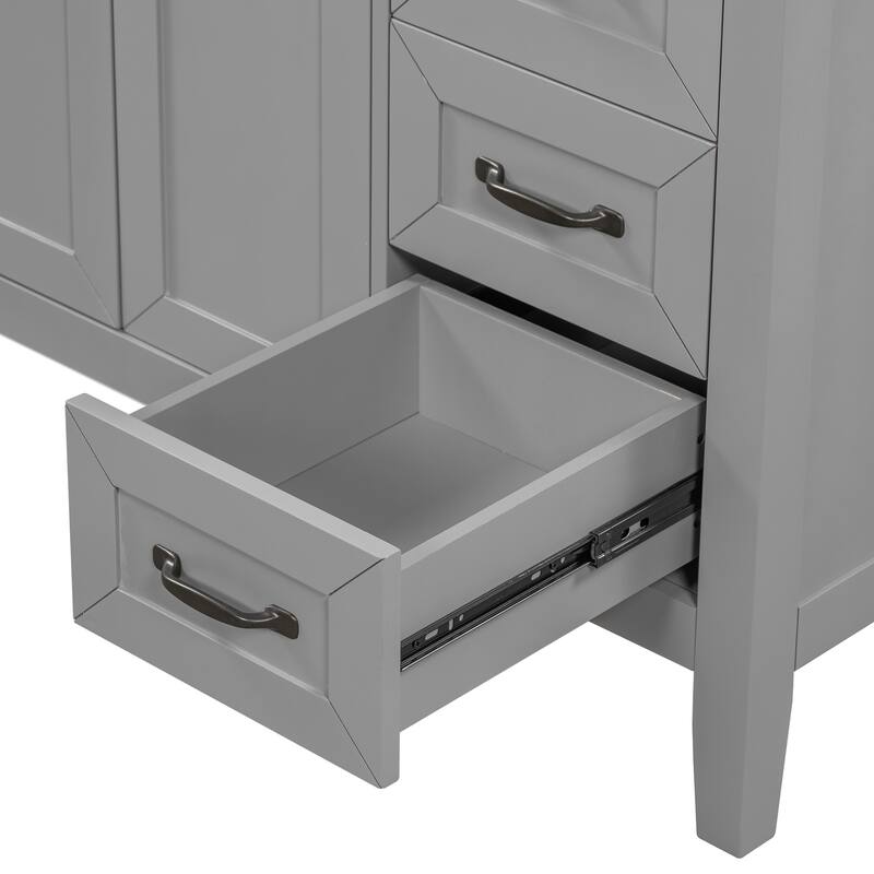 36" Modern White Bathroom Vanity Cabinet Base, 2 Doors & 3 Drawers, Solid Rubber Wood & MDF