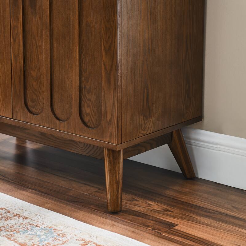 Mid-Century Modern Fluted Sideboard - Walnut Storage Cabinet with Adjustable Shelves