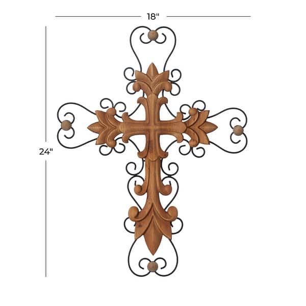 Wood Carved Cross Biblical Wall Decor with Metal Scrollwork - Brown or ...