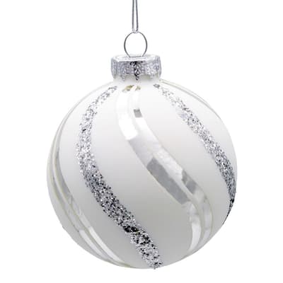 Kurt Adler 80MM Glass White Glittered Swirl 6-Piece Ball Ornament Set