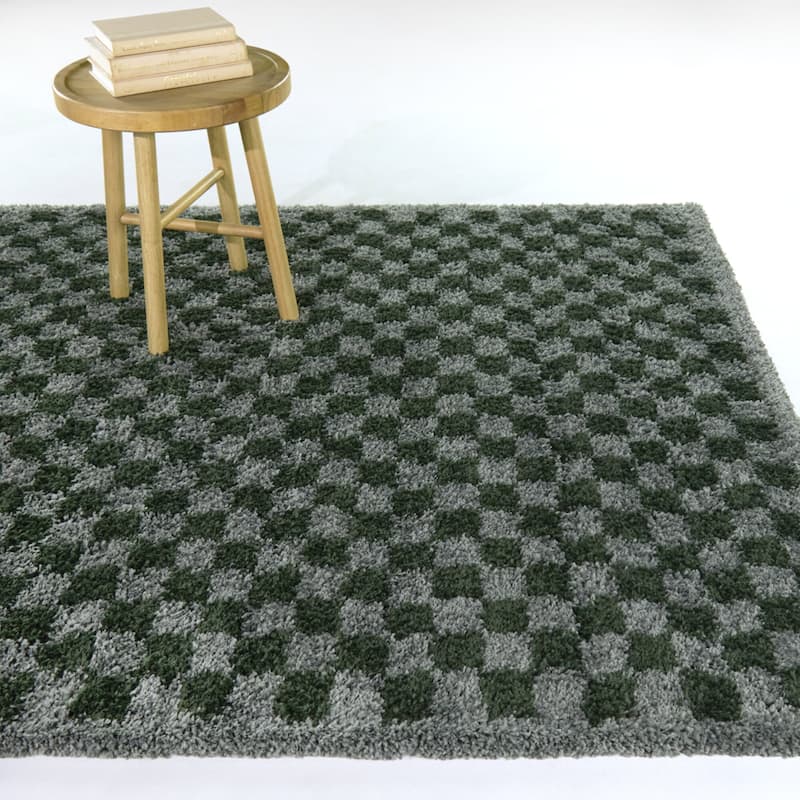 Covey Plush Checkered Thick Shag Area Rug - 5'3" x 7' - Green/Grey
