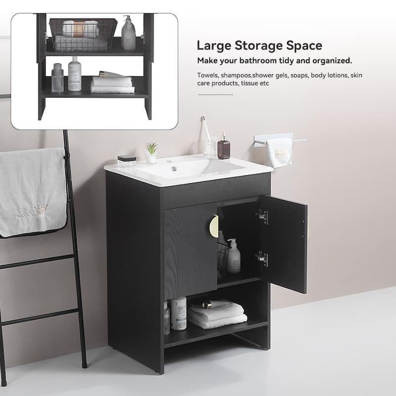 24 in. W x 19 in. D x 33 in. H Bathroom Vanity with White Ceramic Basin,Two Cabinet Doors,Excluding faucets