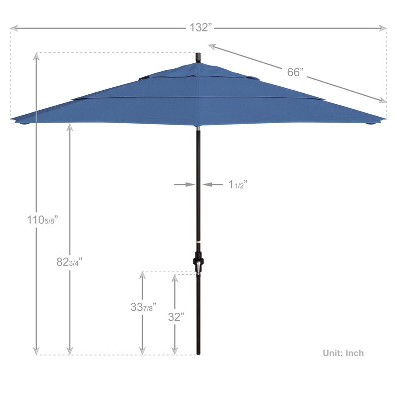 California Umbrella 11' Sun Master Patio Umbrella Bronze Aluminum Pole Fiberglass Ribs Crank Lift Tilt Olefin Royal Blue