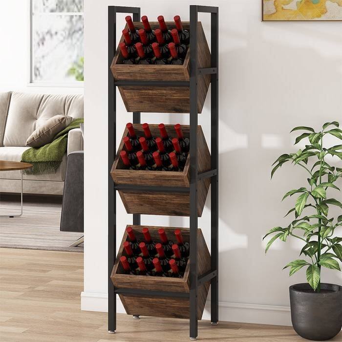 Metal Wine Rack 3-Bin Industrial Wine Bottle Stand Storage Shelf - 11.81''D x 14.56''W x 51.18''H