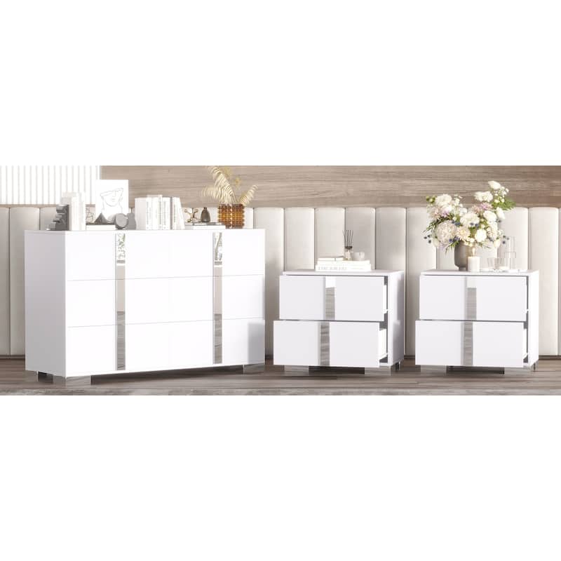 Roomfitters 3-Piece Bedroom Set, Elegant 6-Drawer Dresser and 2 Nightstands with Metal Handles