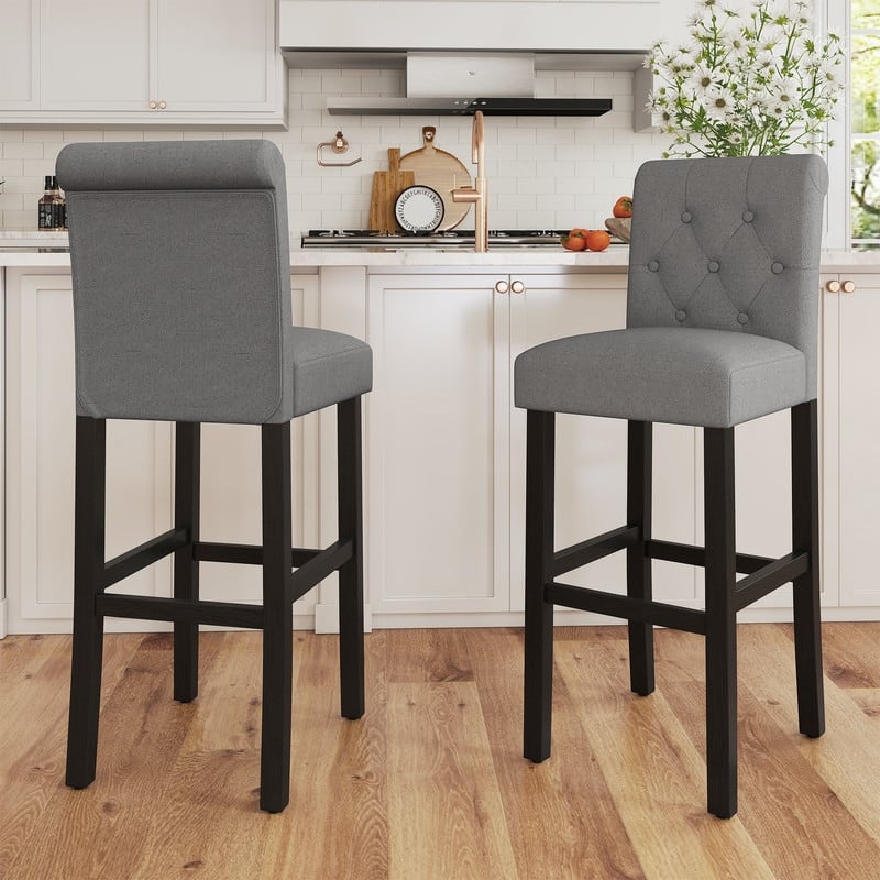 28 Inches Barstools Upholstered Bar Stools Pub Chairs with Button Tufted Back set of 2 - Grey-2-piece