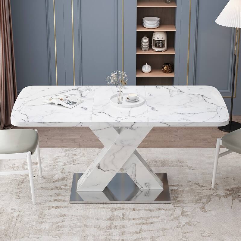 Modern Square Dining Table with Marble Table Top and X-Shape Table Leg