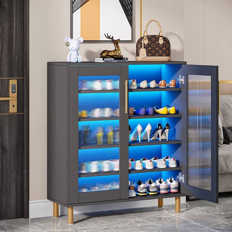 5-Tier Wood Shoe Rack with Acrylic Doors and LED Light for Entryway