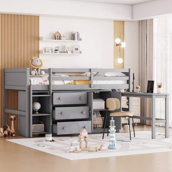 slide 2 of 11, Grey Twin Size Wood Low Loft Bed with Pull-Out Desk Grey
