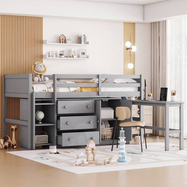 slide 2 of 22, Twin Size Wood Low Loft Bed With Pull-Out Desk, Drawers, Cabinet, and Shelves Grey