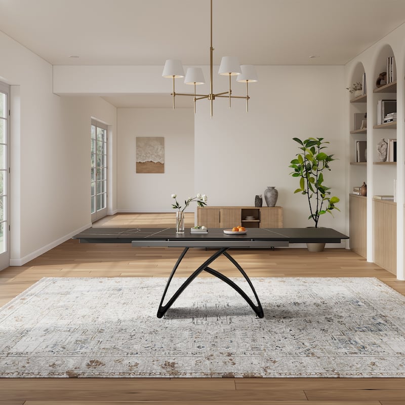 63-95"Extendable Modern Dining Table for 6-10, Black Sintered Stone Tabletop
