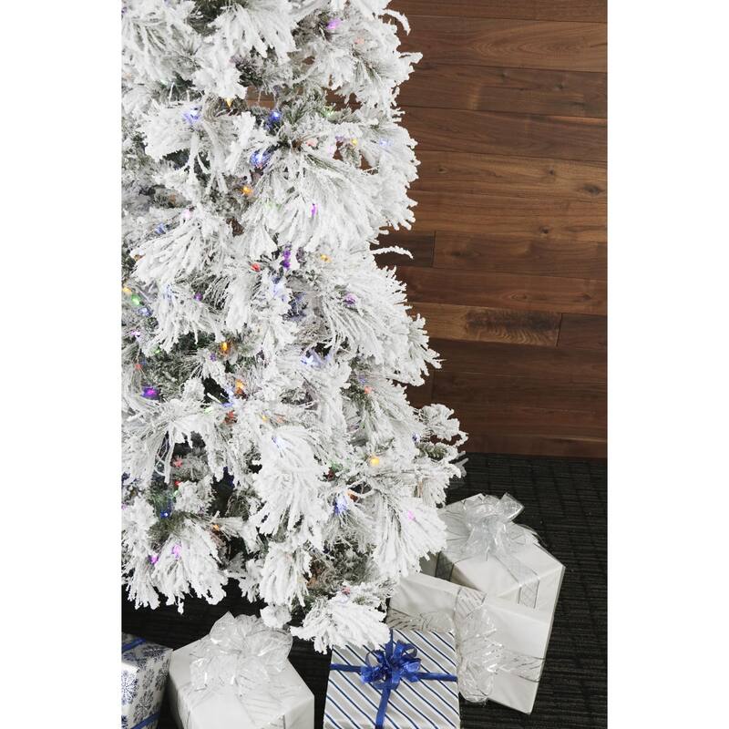 Fraser Hill Farm 12-Foot Flocked Snowy Pine Christmas Tree with Multicolor LED String Lighting