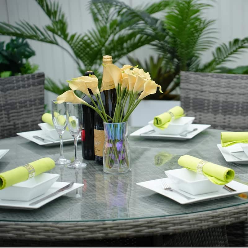 All-Weather Aluminum Woven Rattan Round Dining Table with Umbrella Hole and Tempered Glass Top