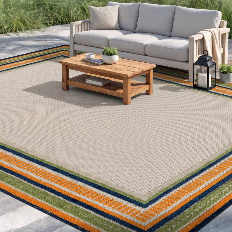 World Rug Gallery Indoor/Outdoor High-Low Textured Area Rug, Coastal Border Easy-Clean Patio Rug