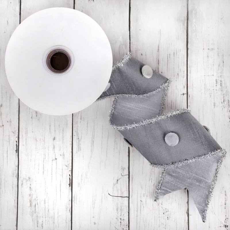 HGTV Home Collection Metallic Buttons Double Fused Dupioni Ribbon , Silver, 3 in - 3 in