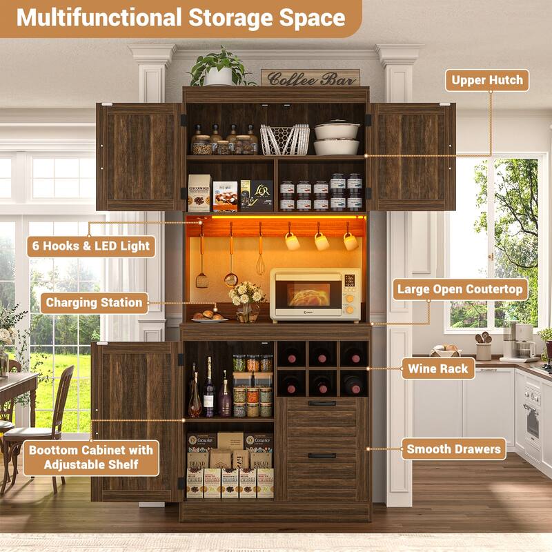 Farmhouse 72" Tall Kitchen Pantry Cabinet with Charging Station, Coffee Bar Cabinet with Hutch and LED Light
