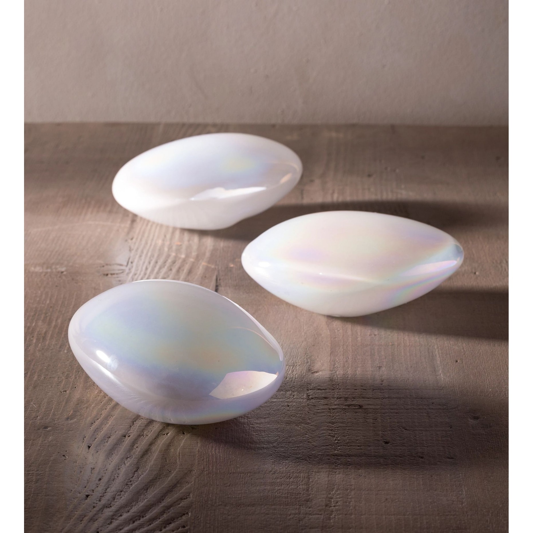 Organic Shaped Iridescent Glass Stones, Set of 3 White
